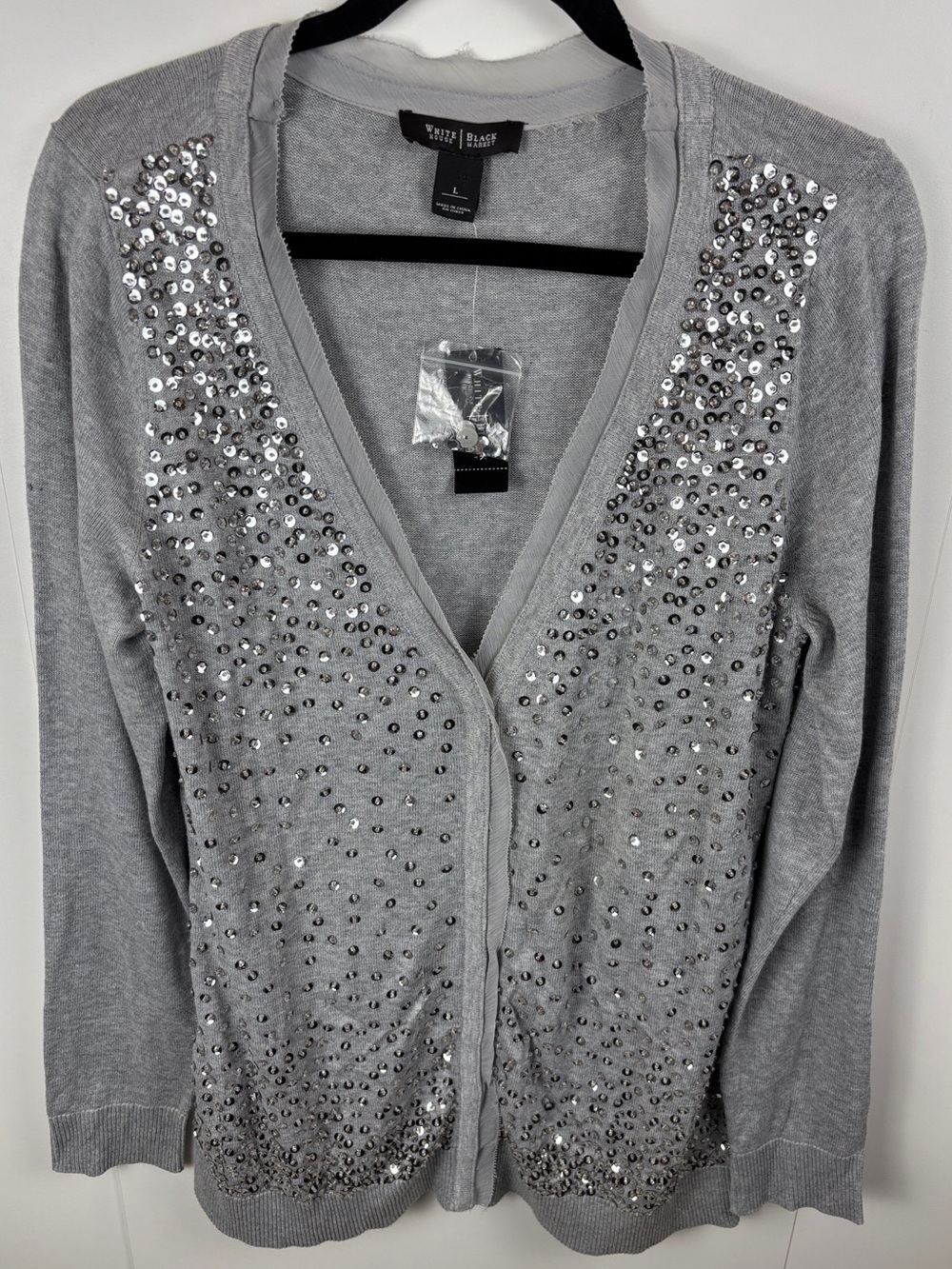 NWT WHBM Silver Grey Sequin Beaded Cardigan Sweater sz L V-Neck Sparkly Shiny